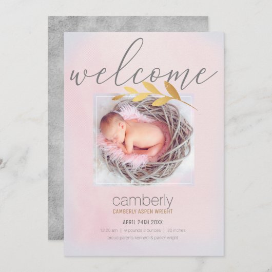 ウェルカム新生児ガールフォト誕生 案内状 (正面/裏面)