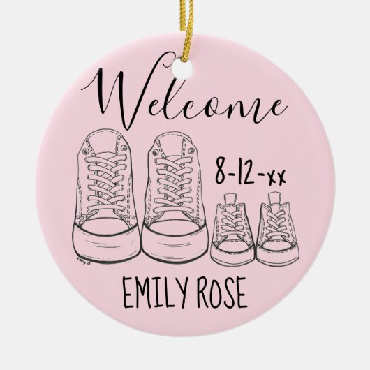 ウェルカム新生児バプテスマ《キリスト教》洗礼式や命名式ピンクガール セラミックオーナメント (正面)
