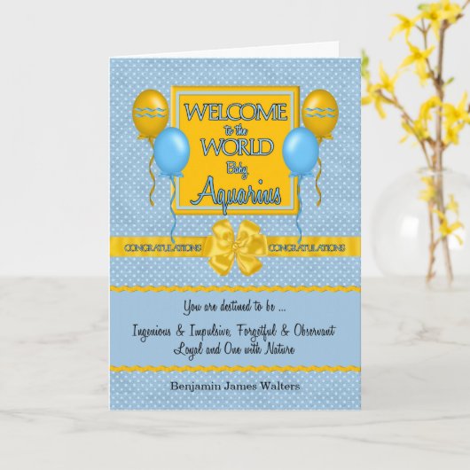 ウェルカム新生児ボーイアクアリウスおめでとう カード (黄色い花)