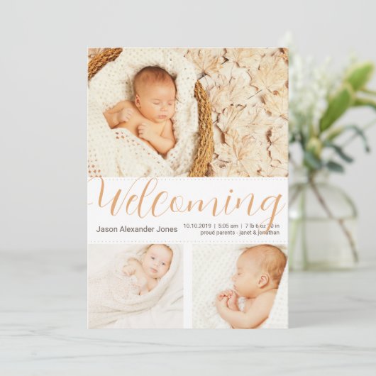 ウェルカム新生児ボーイ写真テンプレートニュートラル 招待状 (スタンド正面)