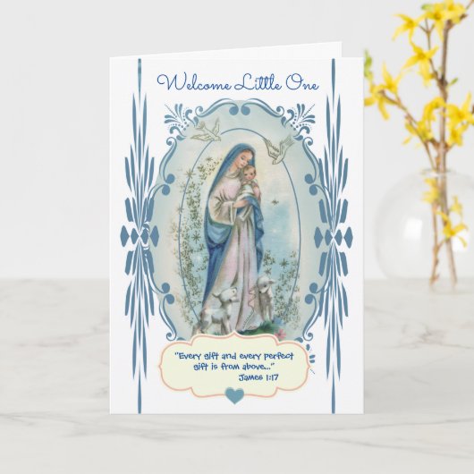ウェルカム新生児宗教的ヴィンテージカトリック カード (黄色い花)