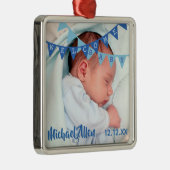 ウェルカム男の赤ちゃんブルーバナー |日付、名前、写真 メタルオーナメント (右)