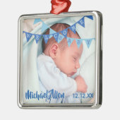 ウェルカム男の赤ちゃんブルーバナー |日付、名前、写真 メタルオーナメント (左)