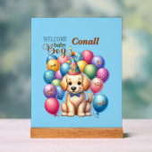 ウェルカム男の赤ちゃん子犬とバルーンデザイン アクリルサイン (ニュートラル)