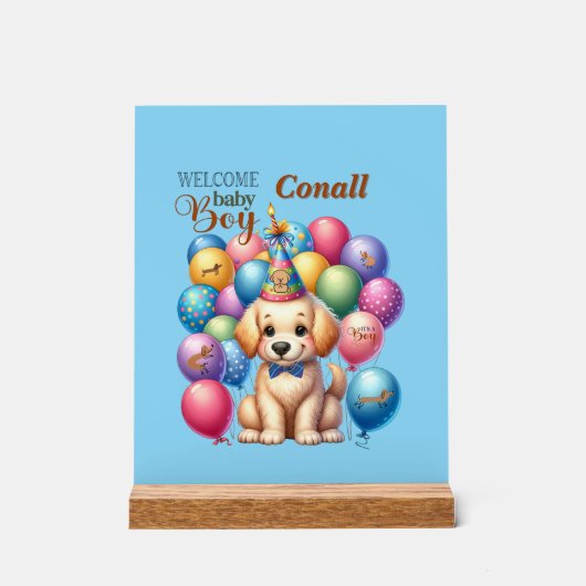 ウェルカム男の赤ちゃん子犬とバルーンデザイン アクリルサイン (正面)