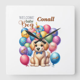 ウェルカム男の赤ちゃん子犬とバルーンデザイン スクエア壁時計