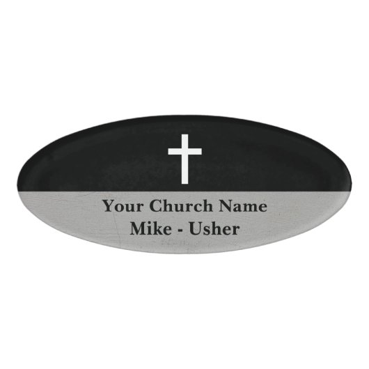 ウェルカム白黒クリスチャンチャーチアッシャーオーバル 名札 (正面)