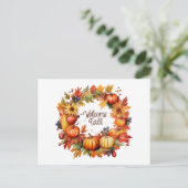 ウェルカム秋カラフルオータムカボチャリース シーズンポストカード (スタンド正面)