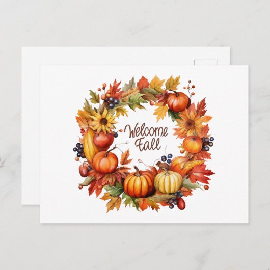 ウェルカム秋カラフルオータムカボチャリース シーズンポストカード (正面/裏面)