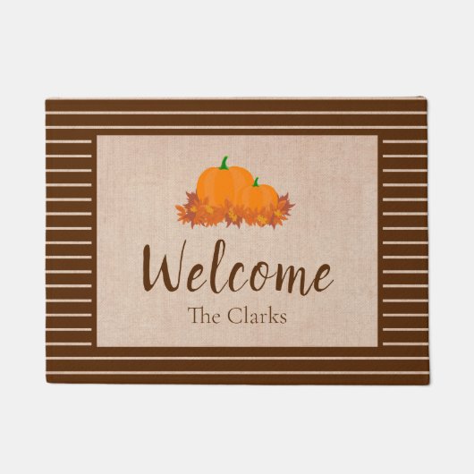 ウェルカム秋ストライプのファミリー姓カボチャ ドアマット (正面)