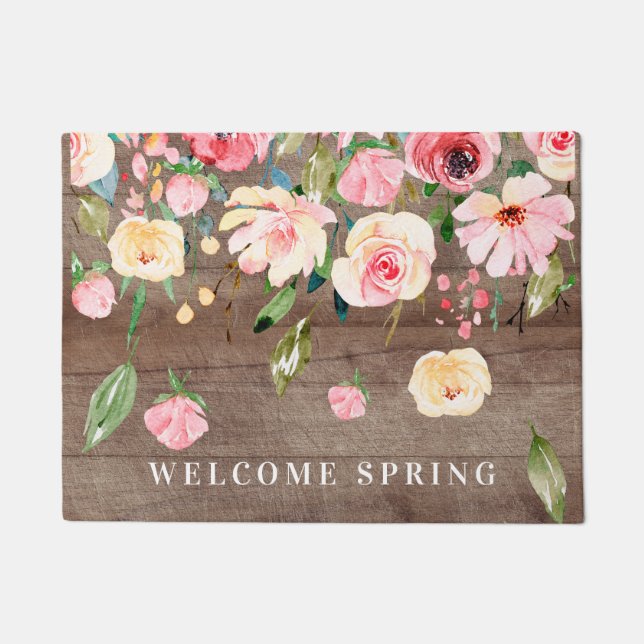 ウェルカム素朴春ピンク牡丹フローラ ドアマット (正面)