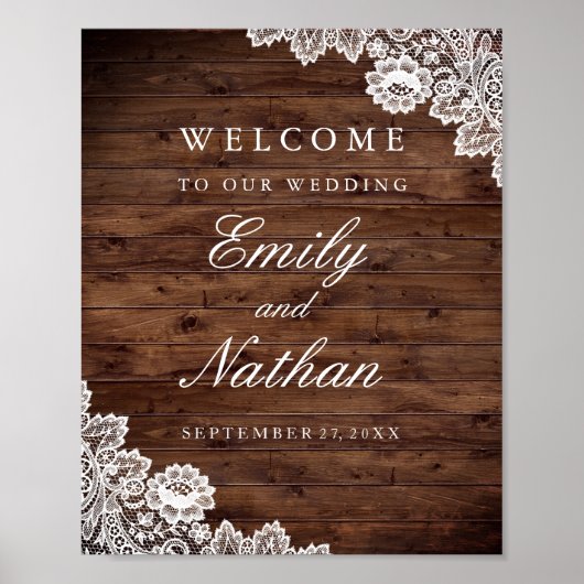 ウェルカム結婚のサインウッド素朴ヴィンテージレース ポスター (正面)