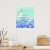 ウェルカム結婚の婚約金ゴールドフレームブルー ポスター (キッチン)