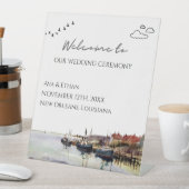 ウェルカム結婚の水彩海景ハーバーコースト 台座サイン (インサイチュ)