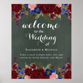 ウェルカム結婚サインBurgundy Blueフローラの作成 ポスター