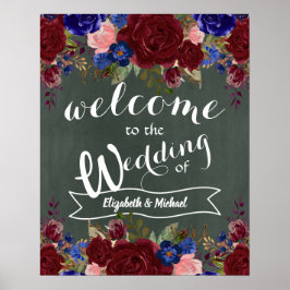 ウェルカム結婚サインBurgundy Blueフローラの作成 ポスター
