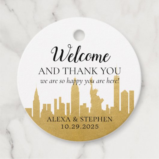 ウェルカム結婚ズバッグニューヨークシティNYCスカイライン金ゴールド フェイバータグ (正面)