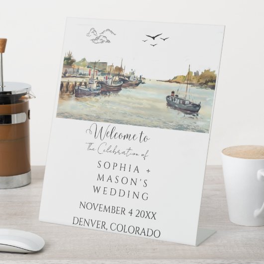 ウェルカム結婚ズ・ウォーター・カラー・シースケープコースタルボート 台座サイン (インサイチュ)