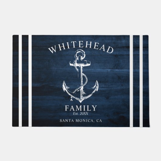 ウェルカム航海のファミリーネームいかりネイビーブルーウッド ドアマット (正面)