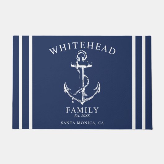 ウェルカム航海のファミリーネームいかりネイビーブルー ドアマット (正面)