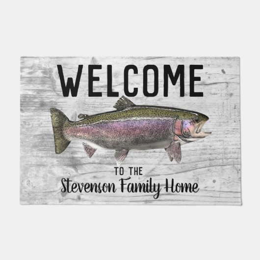 ウェルカム魚釣りトラウト家族ネームホームコテージ ドアマット (正面)