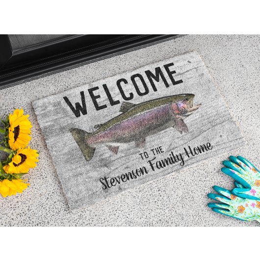 ウェルカム魚釣りトラウト家族ネームホームコテージ ドアマット