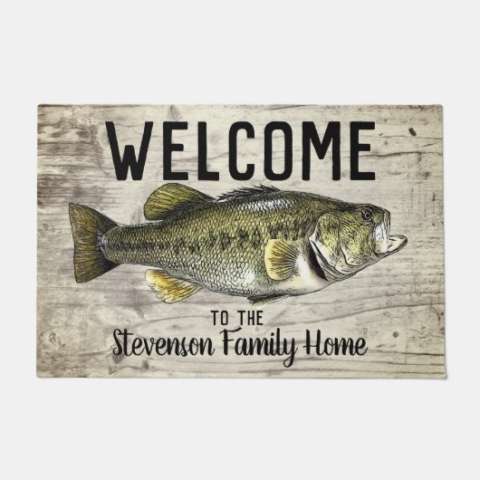 ウェルカム魚釣りバスファミリーネームホームコテージ ドアマット (正面)
