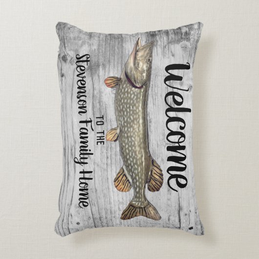 ウェルカム魚釣りパイクファミリーネームホームコテージ アクセントクッション (正面(垂直))
