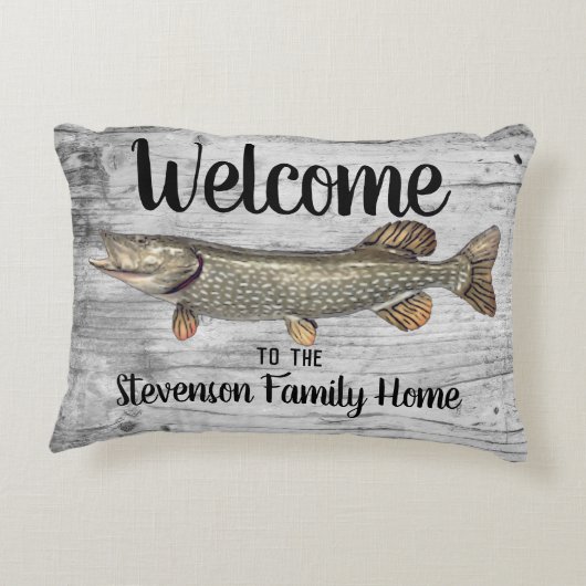 ウェルカム魚釣りパイクファミリーネームホームコテージ アクセントクッション (裏面)