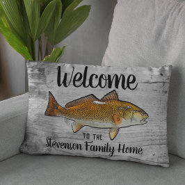 ウェルカム魚釣りレッドフィッシュファミリーネームホームコテージ アクセントクッション