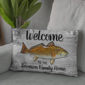 ウェルカム魚釣りレッドフィッシュファミリーネームホームコテージ アクセントクッション