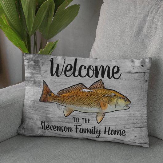 ウェルカム魚釣りレッドフィッシュファミリーネームホームコテージ アクセントクッション