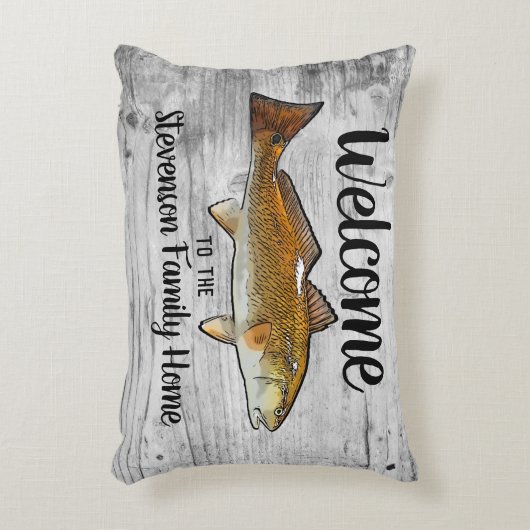 ウェルカム魚釣りレッドフィッシュファミリーネームホームコテージ アクセントクッション (正面(垂直))
