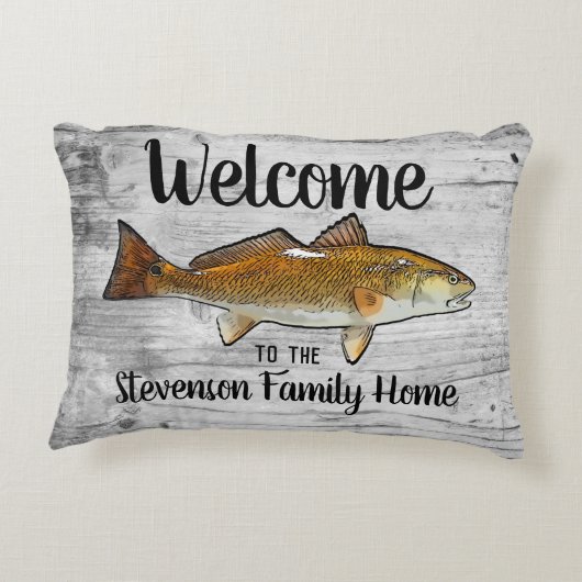 ウェルカム魚釣りレッドフィッシュファミリーネームホームコテージ アクセントクッション (裏面)