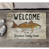 ウェルカム魚釣りレッドフィッシュファミリーネームホームコテージ ドアマット