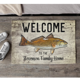 ウェルカム魚釣りレッドフィッシュファミリーネームホームコテージ ドアマット