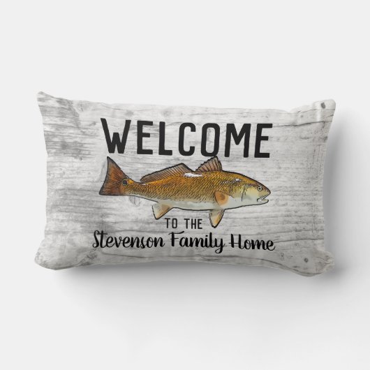 ウェルカム魚釣りレッドフィッシュファミリーネームホームコテージ ランバークッション (裏面)