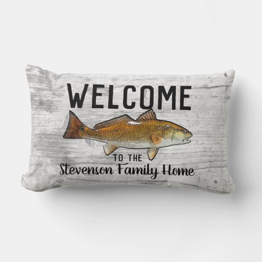 ウェルカム魚釣りレッドフィッシュファミリーネームホームコテージ ランバークッション (正面)