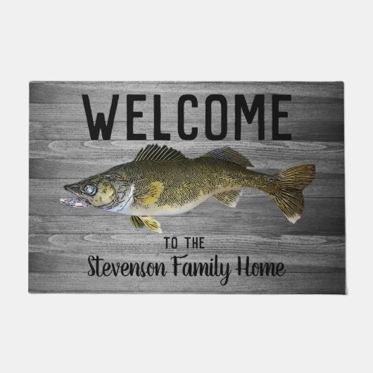 ウェルカム魚釣りワレイファミリーネームホームコテージ ドアマット (正面)