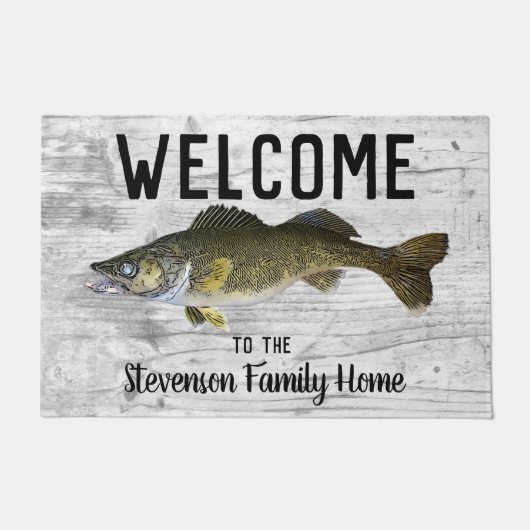 ウェルカム魚釣りワレイファミリーネームホームコテージ ドアマット (正面)