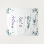 ウェルカム ウェディング ブルー フラワーズ パープル ウォーターカラー タペストリー (正面(横))