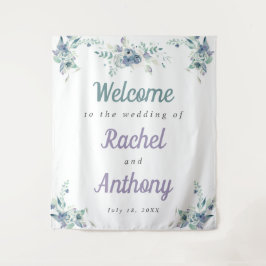 ウェルカム ウェディング ブルー フラワーズ パープル ウォーターカラー タペストリー