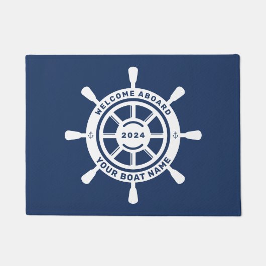 ウェルカム オンボード ドアマット ネイビーブルー カスタム ボート名 (正面)