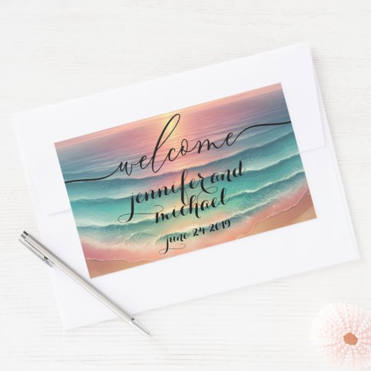 ウェルカム オーシャンビーチ 水彩の海と太陽 長方形シール (封筒)