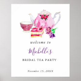 ウェルカム ブライダル シャワー ティーパーティー パープル ウォーターカラー ポスター