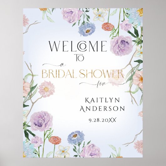 ウェルカム ブライダル シャワー ワイルドフラワー スカイ ブルー フローラル ポスター (正面)