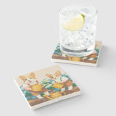 ウェルシュコーギーがフラワーガーデンに水をやる ストーンコースター (横)