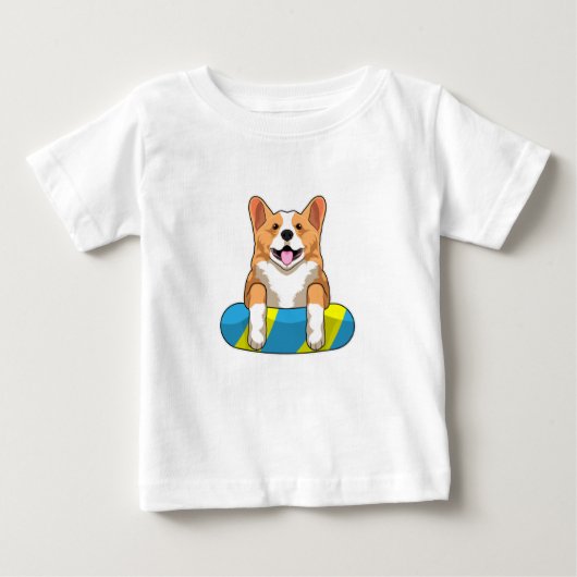 ウェルシュコーギーとスイミングボード ベビーTシャツ (正面)