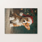 ウェルシュコーギーの子犬のクリスマス絵画 ジグソーパズル (横)