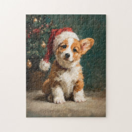 ウェルシュコーギーの子犬のクリスマス絵画 ジグソーパズル